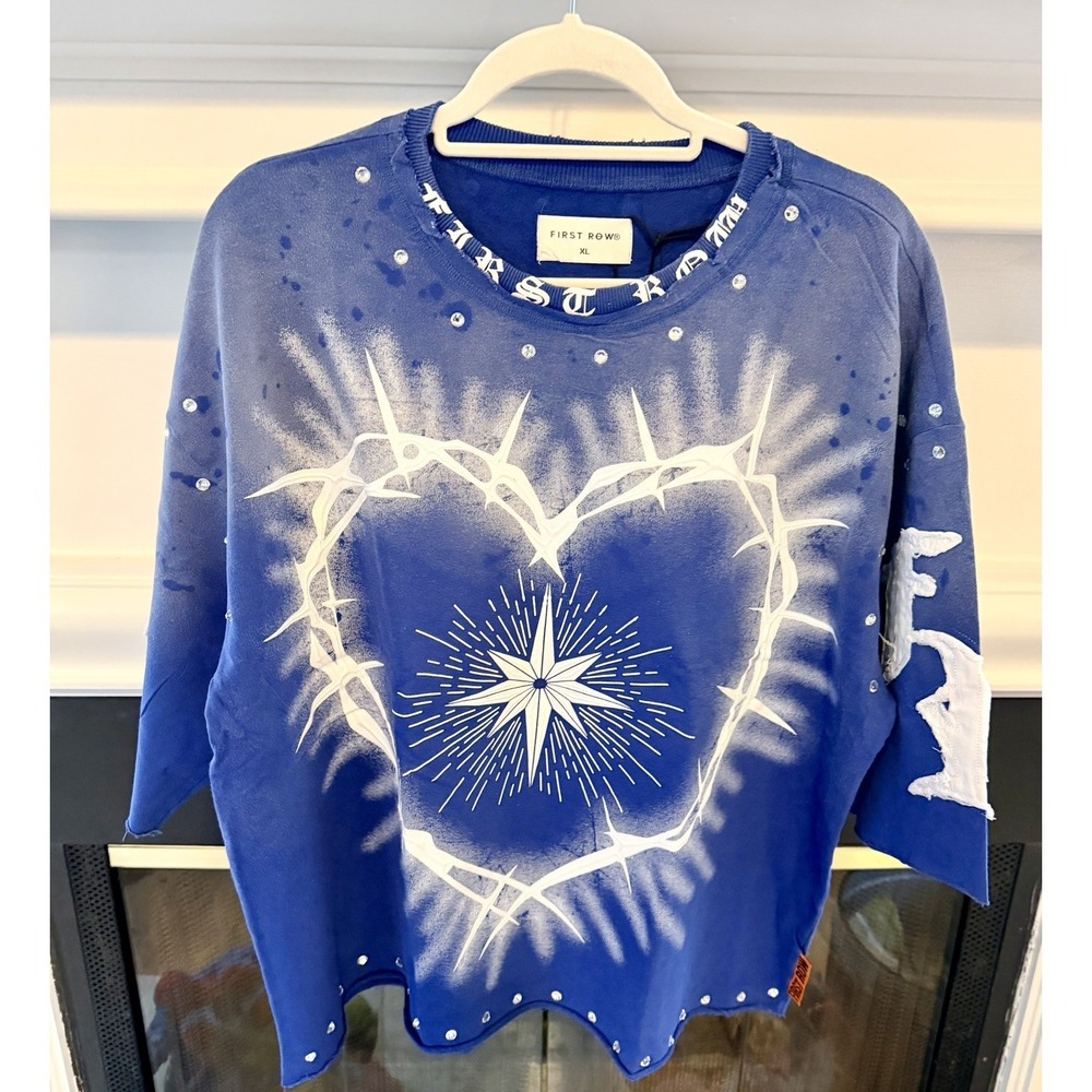 First Row Mens Cropped Terry 3/4 Sleeve Shirt Blue Heart Graphic XL NWT